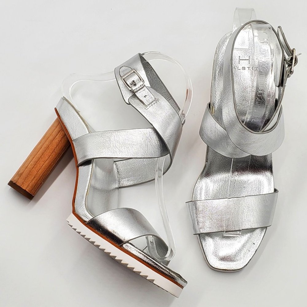 H by Halston - Silver Metallic Wide Leather Wrap Strap Heeled Sandals